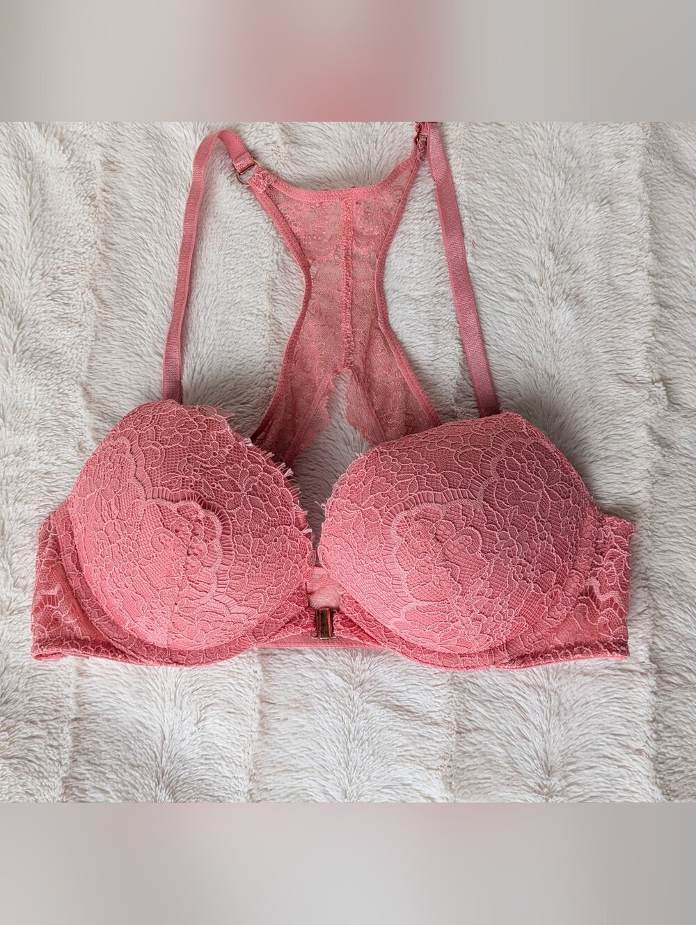 Victoria's Secret Bra 34D Pink Push Up Front Closure Racerback salmon pink 34B